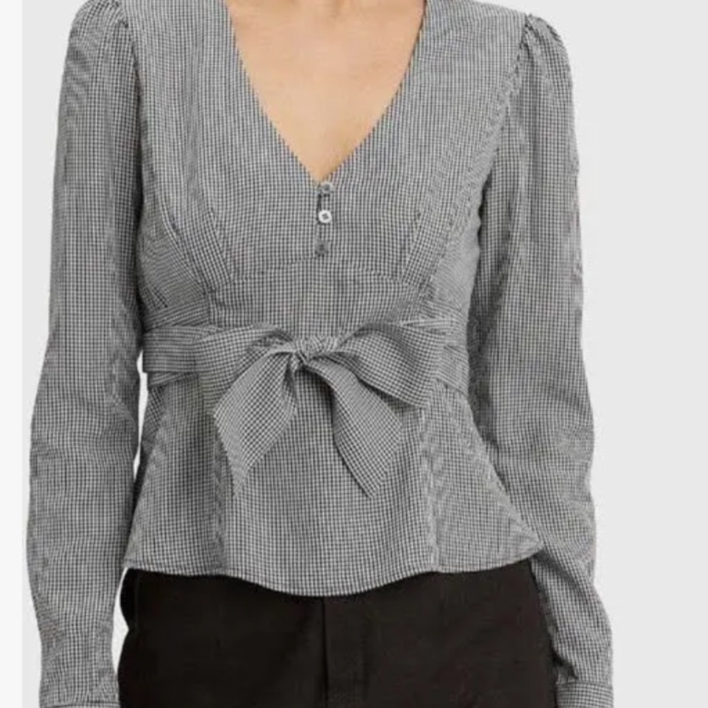 Myra Gingham Long Sleeve Bow Waist Tie Top